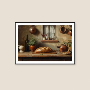 May include: A still life painting of a rustic kitchen scene. A loaf of bread sits on a wooden cutting board. A bottle of wine, a glass of red wine, and a small plate of food are on the table. Copper pots hang on the wall.
