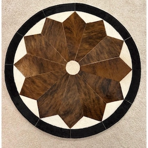 Alfombra redonda de piel de vaca, patchwork de cuero, alfombra hecha a mano con estampado geométrico de estrellas, estilo occidental, decoración para sala de estar, dormitorio o piso.