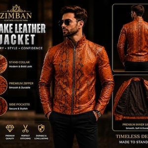 Mens Snake Print Leather Jacket, Python Embossed Leather Jacket, Brown Biker Jacket, Handmade Genuine Leather Coat, Luxury Gift for Men