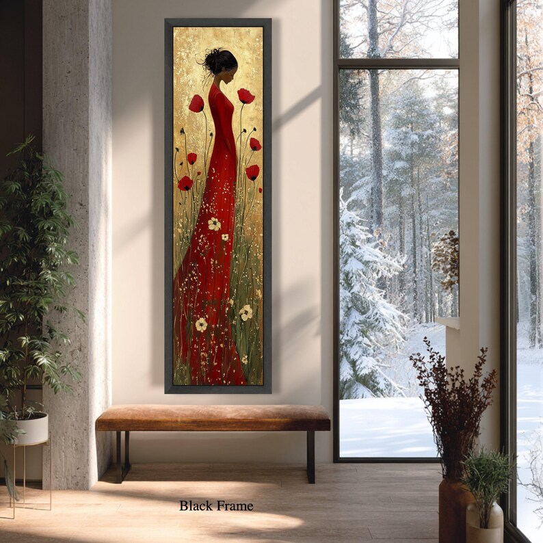Gustav Klimt-elegant Woman in Red Dress Canvas, Floral Field Wall Art ...