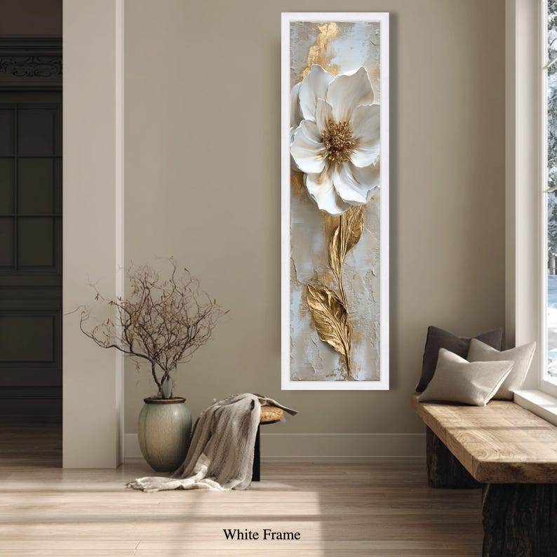 Elegant White and Gold Flower Canvas Wall Art, Floral Painting, Luxury ...