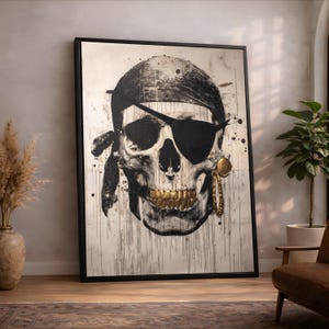 Bold Pirate Skull Canvas, Gold Teeth and Earring Art, Skull with Eye Patch Wall Decor, Dramatic Pirate Canvas, Statement Home Decoration