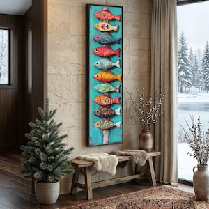 Bunt bemalte Fisch-Leinwandkunst, nautisches Küstendekor, rustikales Strandthema, lebendige Ozeanleben-Leinwand, fertig zum Aufhängen