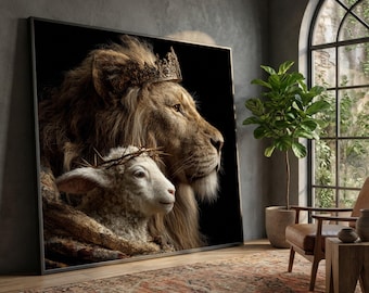 Majestueuze leeuw met kroon en lam met doornenkroon canvas, koninklijke dierenportret kunst aan de muur, canvas christelijke symboliek, inspirerend huis