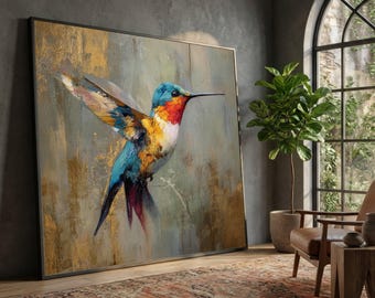 Levendige kolibrie canvas muurkunst, kleurrijke vogel schilderij, natuurdecor, modern wildlife canvas, klaar om op te hangen kunstwerk