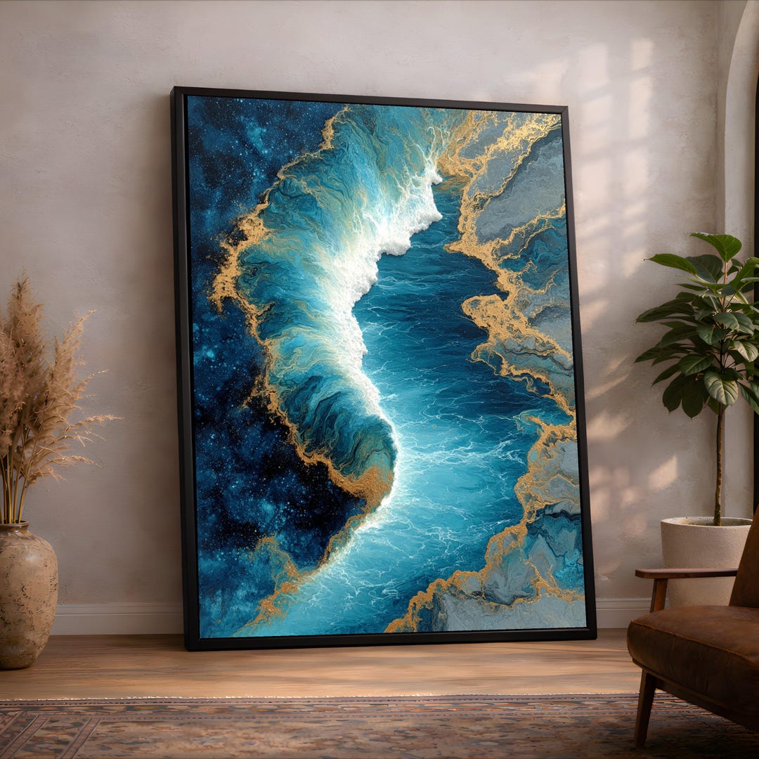 Abstract Ocean Wave Canvas, Blue and Gold Wall Art, Modern Fluid Art ...