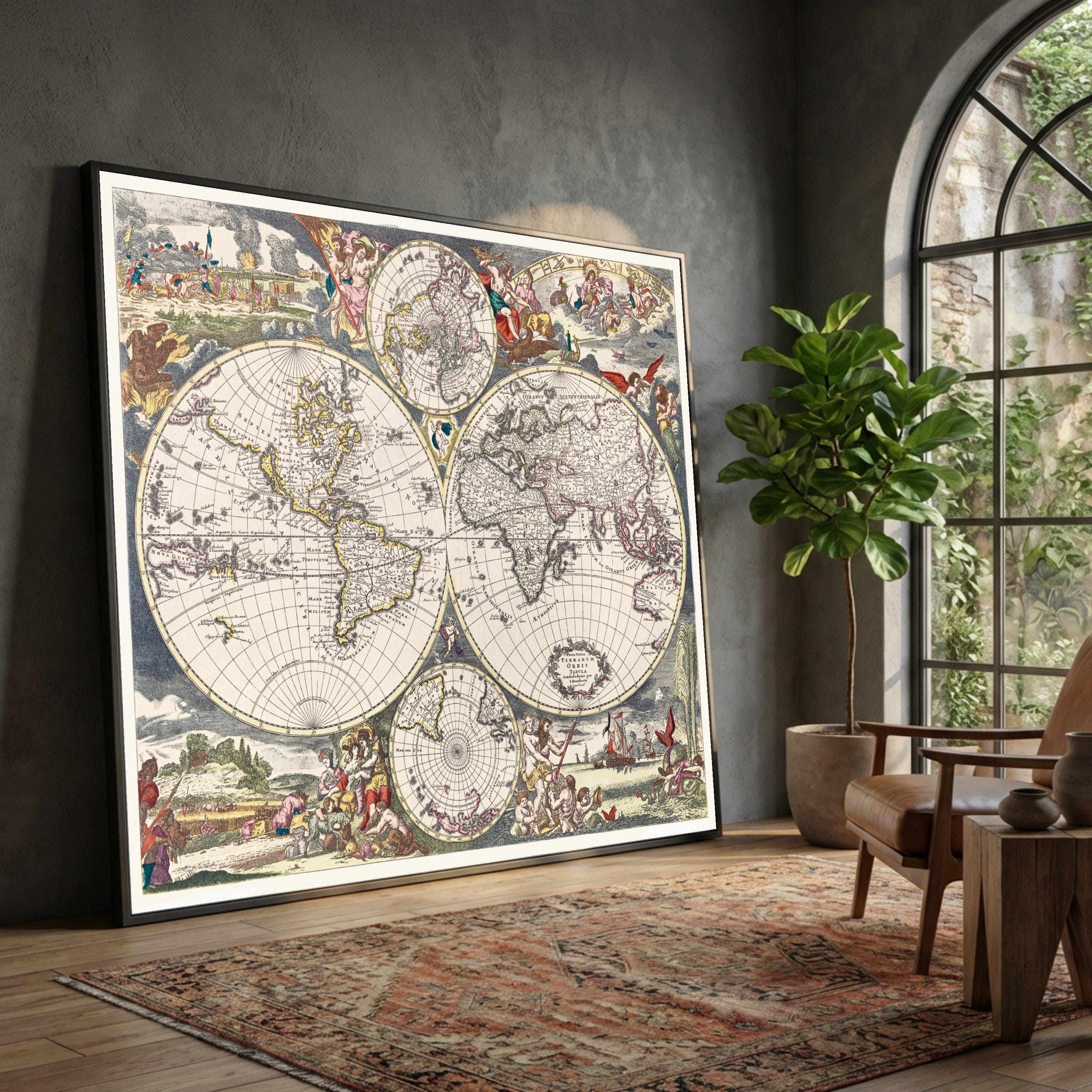 Vintage World Map Canvas Wall Art, Large Antique Style Globe Print ...