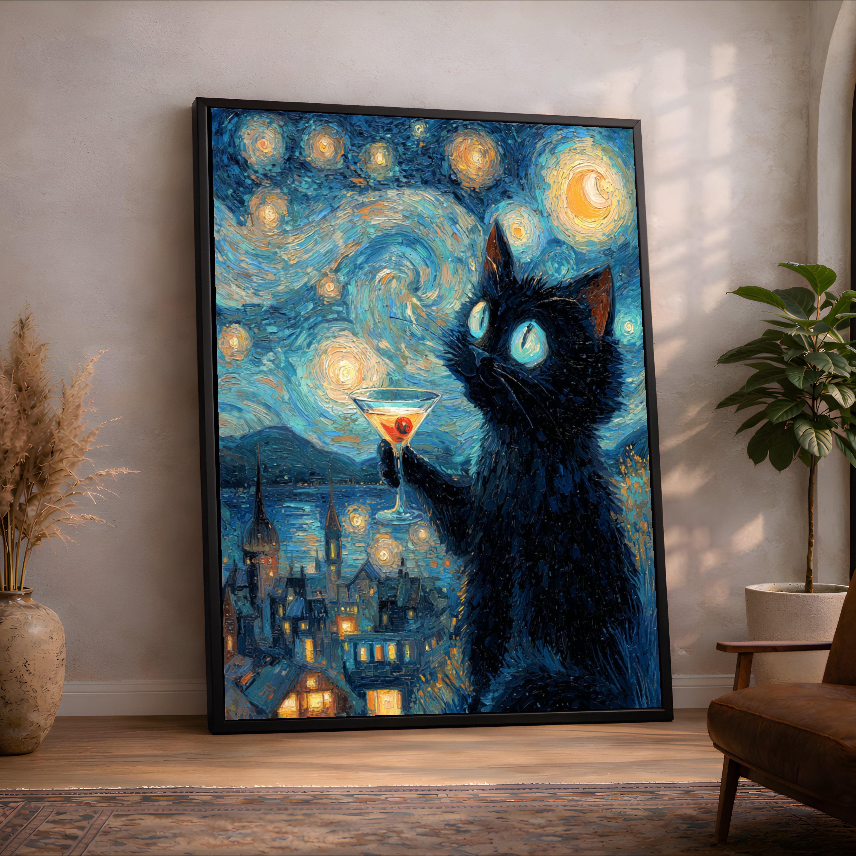 Starry Night Sky With Black Cat Canvas, Van Gogh Style Wall Art ...