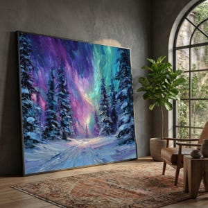 Winterwaldweg Leinwand, Nordlichter Wandkunst, verschneite Kiefern, bunte Himmel Landschaft, Naturszene Leinwanddekoration