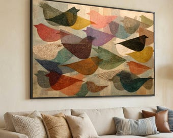 May include: A rectangular wall art print featuring a stylized flock of birds in various colors including red, yellow, blue, green, brown, and black. Each bird is depicted with intricate, fine-lined textures against a neutral, light-toned background.
