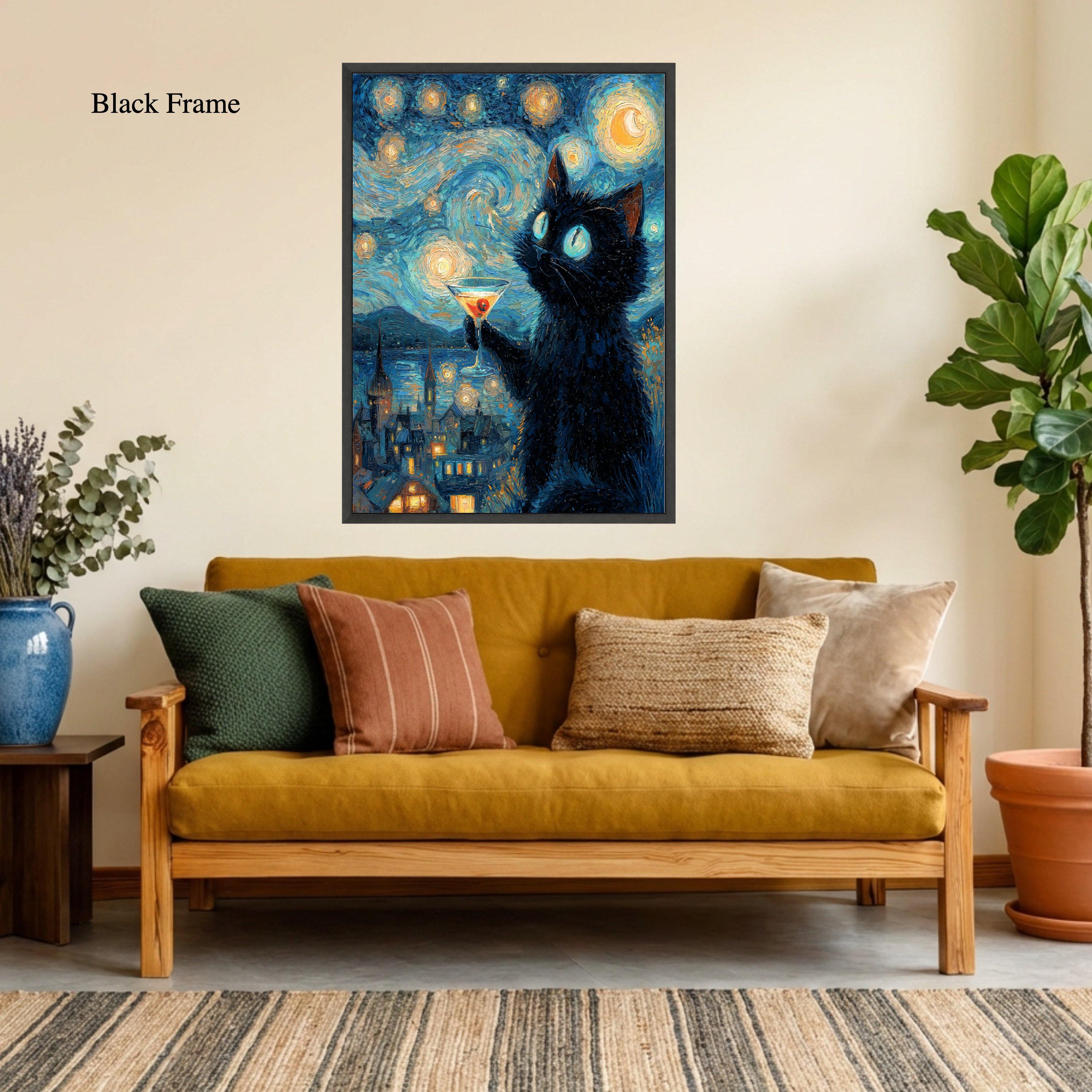 Starry Night Sky With Black Cat Canvas, Van Gogh Style Wall Art ...