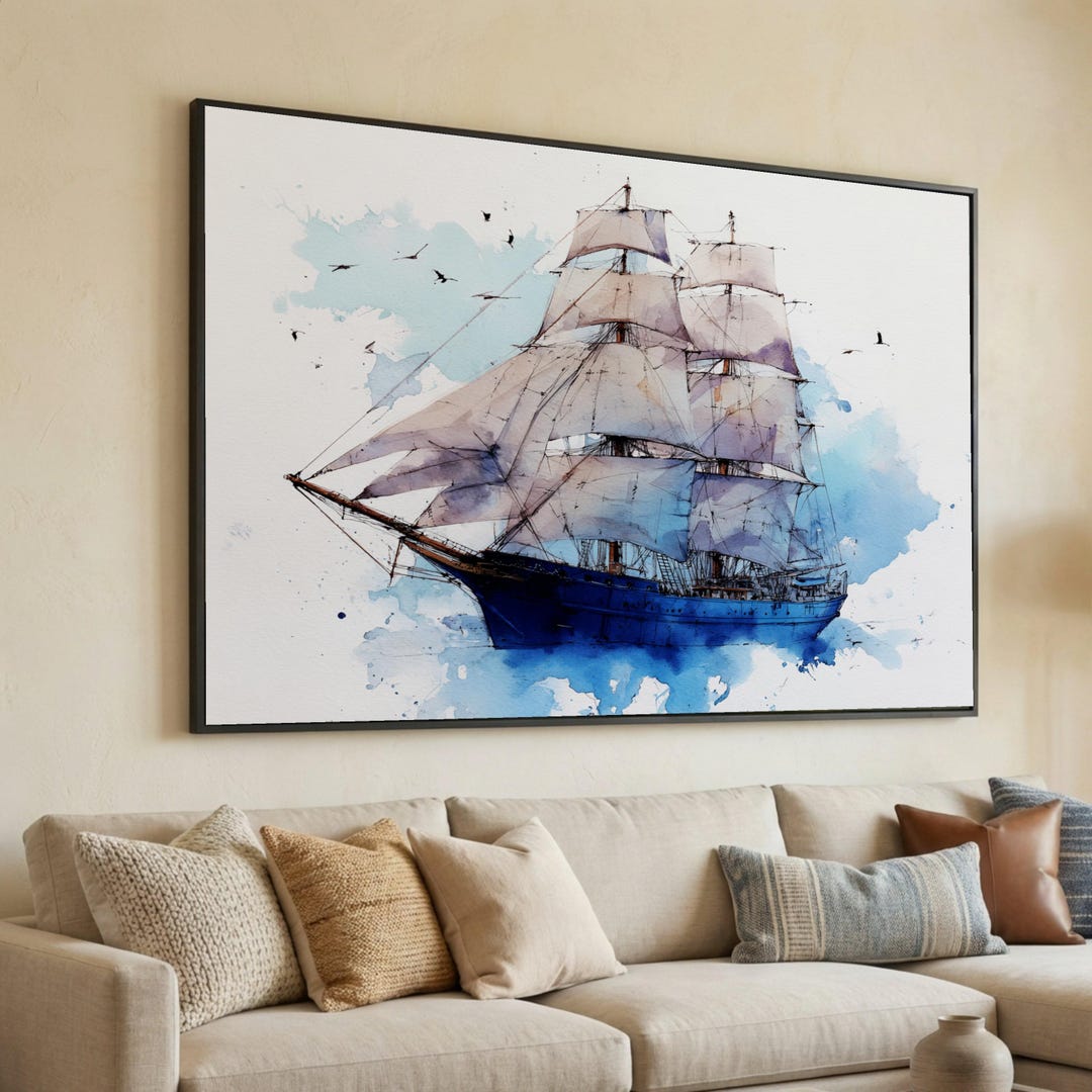 Majestic Sailing Ship Canvas, Nautical Wall Art, Watercolor Vintage ...