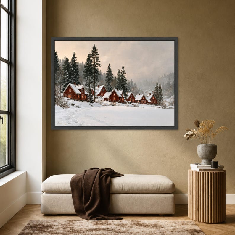 Cozy Winter Cabin Scene Canvas Print, Snowy Landscape Wall Art for ...