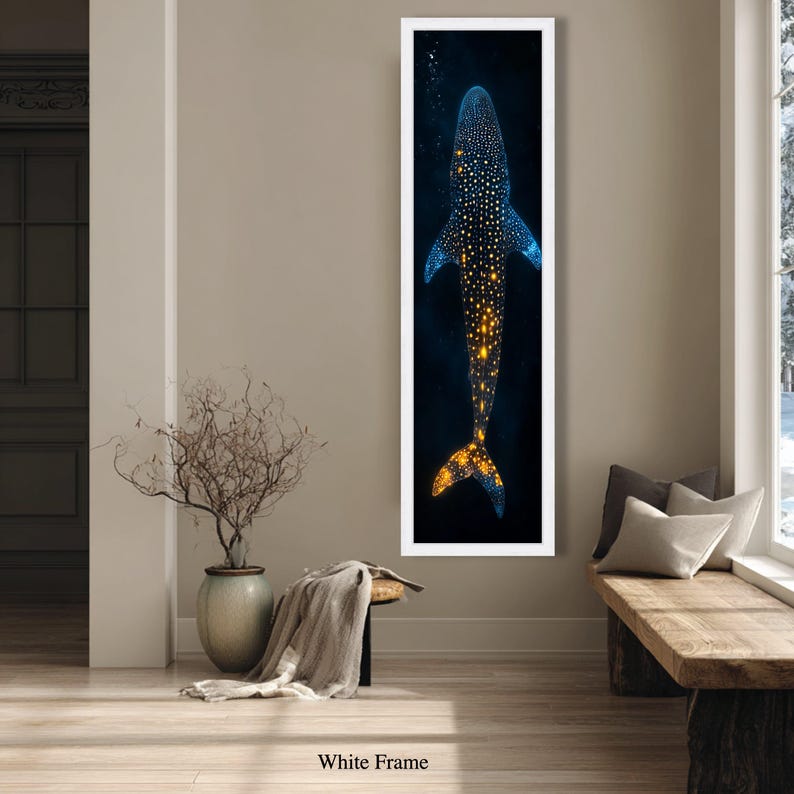 Verlichte walvishaai canvas muurkunst, decor onderwater zeeleven, oceaangloed ontwerp, nautische muur hangen, diepzee canvasafdruk afbeelding 3