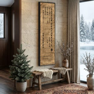 May include: A framed, vertical artwork with Asian calligraphy hangs on a textured stone wall. A wooden bench with fur throws sits below. A small potted evergreen tree and vases with branches complete the interior decor.