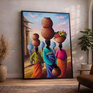 Donne africane che trasportano ceramiche e frutta su tela, arte murale di cultura etnica, tela con abiti tradizionali colorati, scena di vita di villaggio, mano