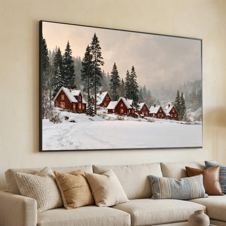 Cozy Winter Cabin Scene Canvas Print, Snowy Landscape Wall Art for ...