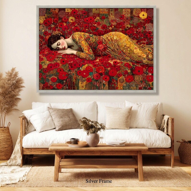 Sleeping Woman in Poppy Field, Gustav Klimt Canvas, Red Floral Wall Art ...