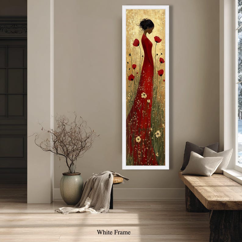 Gustav Klimt-elegant Woman in Red Dress Canvas, Floral Field Wall Art ...