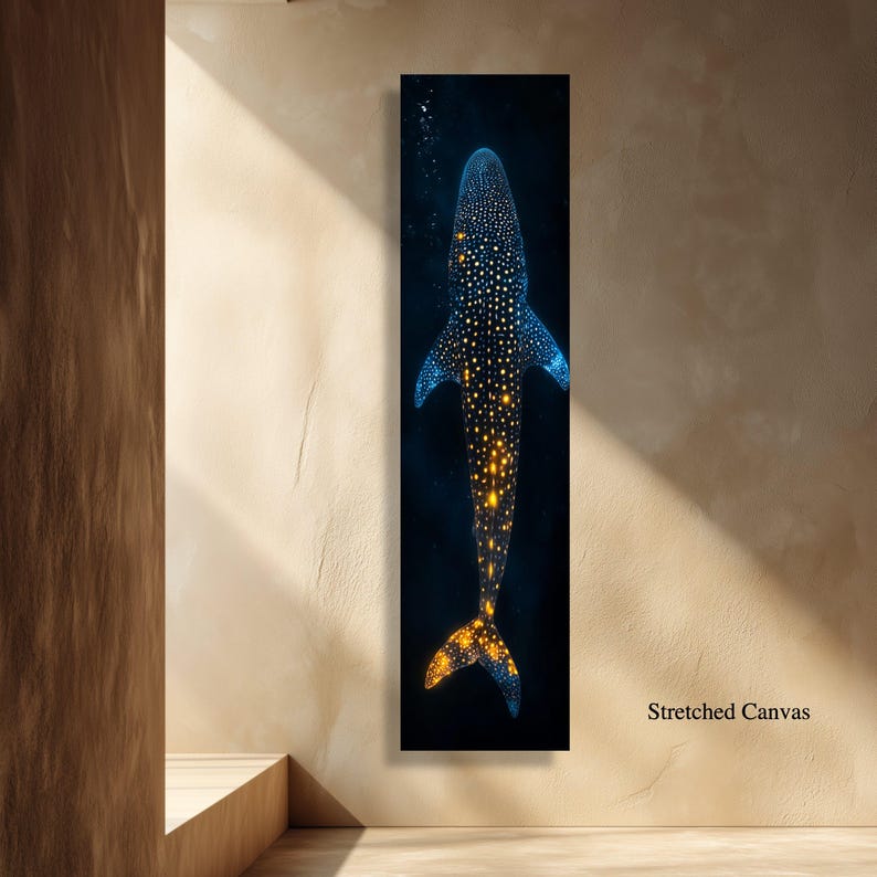 Verlichte walvishaai canvas muurkunst, decor onderwater zeeleven, oceaangloed ontwerp, nautische muur hangen, diepzee canvasafdruk afbeelding 8