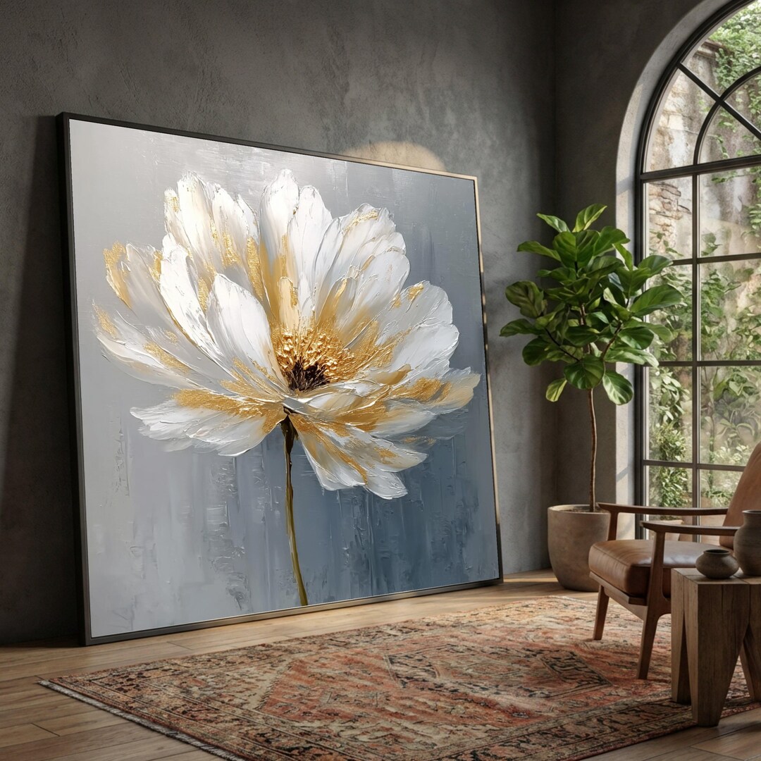 White and Gold Floral Canvas Wall Art, Flower Painting, Elegant ...