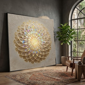 May include: Large, framed artwork featuring a golden, layered floral design with iridescent highlights. The artwork is displayed in a room with a neutral color palette, a patterned rug, and a potted plant. The frame is black.