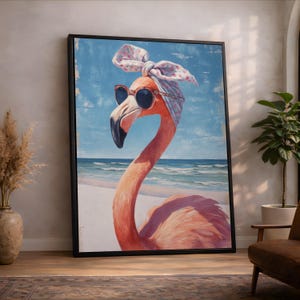 Cool Flamingo with Sunglasses and Floral Headscarf Canvas, Beach Animal Wall Art, Tropical Bird Painting, Coastal Home Decor, Fun Summer