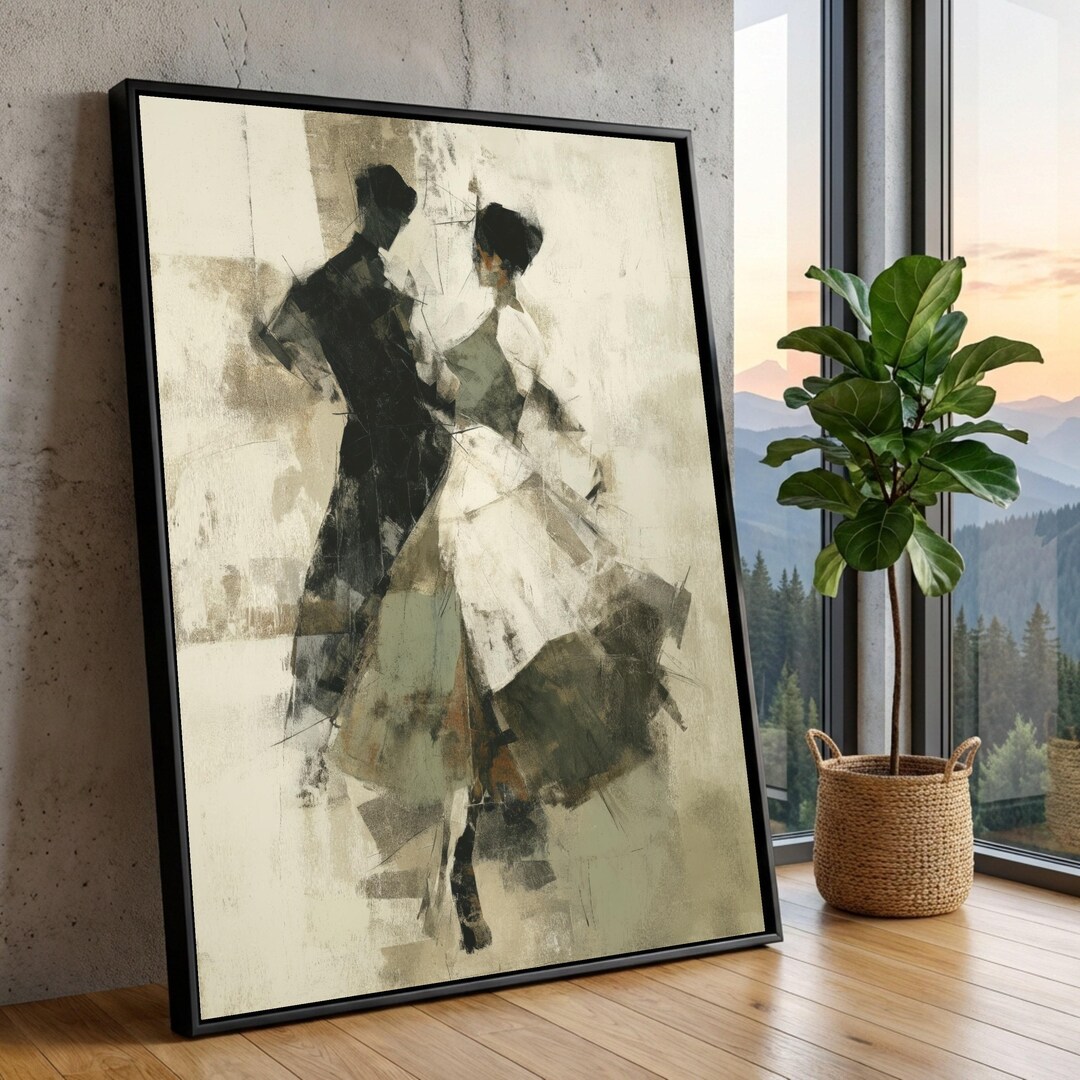 Neutral Dancing Abstract Dancing Couple Canvas Wall Art, Modern Expressionist Ballroom ...