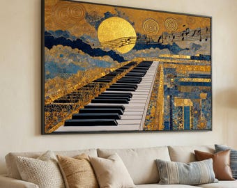 Canvas Gustav Klimt Pianotoetsen, kunst muzieknoten, gouden abstract muurdecor, canvas moderne muziek, artistieke huisdecoratie