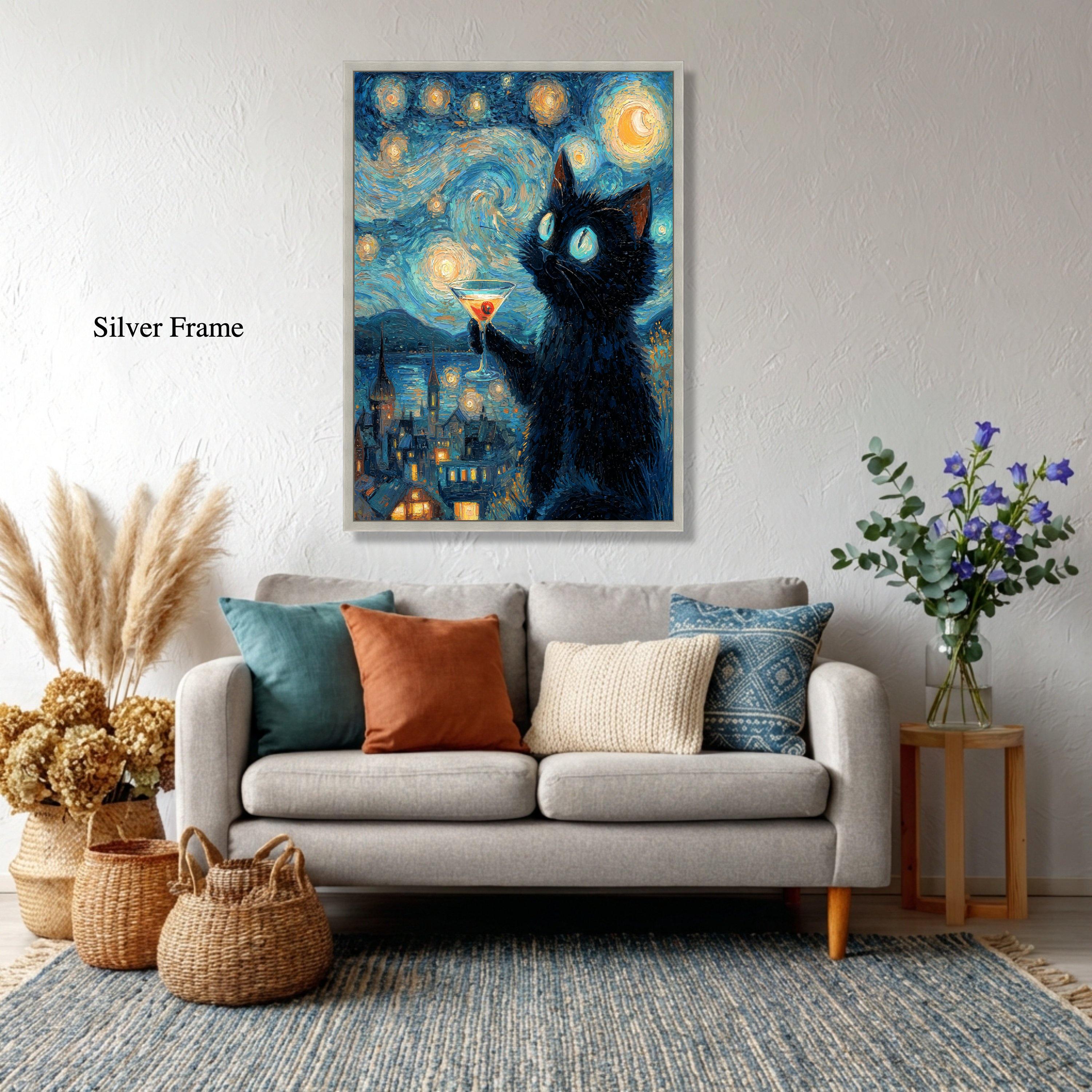Starry Night Sky With Black Cat Canvas, Van Gogh Style Wall Art ...
