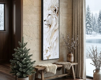 May include: A vertical framed artwork featuring a white lion's profile with a textured, layered effect. The artwork hangs on a textured beige wall, complemented by a wooden bench with fur throws, a potted evergreen, and a patterned rug.