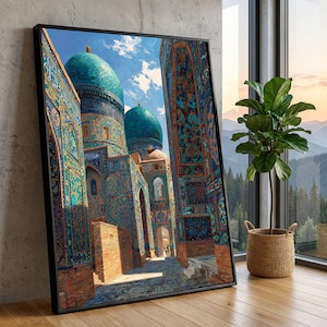 May include: A framed wall art print depicting an architectural scene with two large turquoise domes and intricate blue tile patterns on the walls. The image shows a narrow stone pathway between ornate structures under a bright blue sky with clouds.
