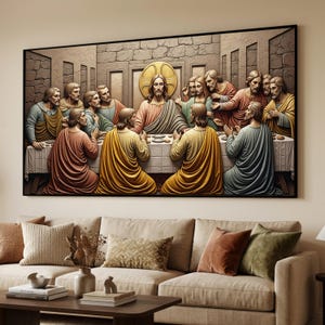 Last Supper Canvas Print, Jesus and Apostles Christian Wall Art, Neutral Biblical Dining Room Decor, Religious Table Scene