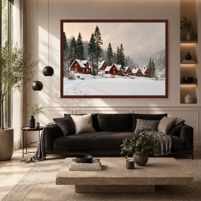Cozy Winter Cabin Scene Canvas Print, Snowy Landscape Wall Art for ...