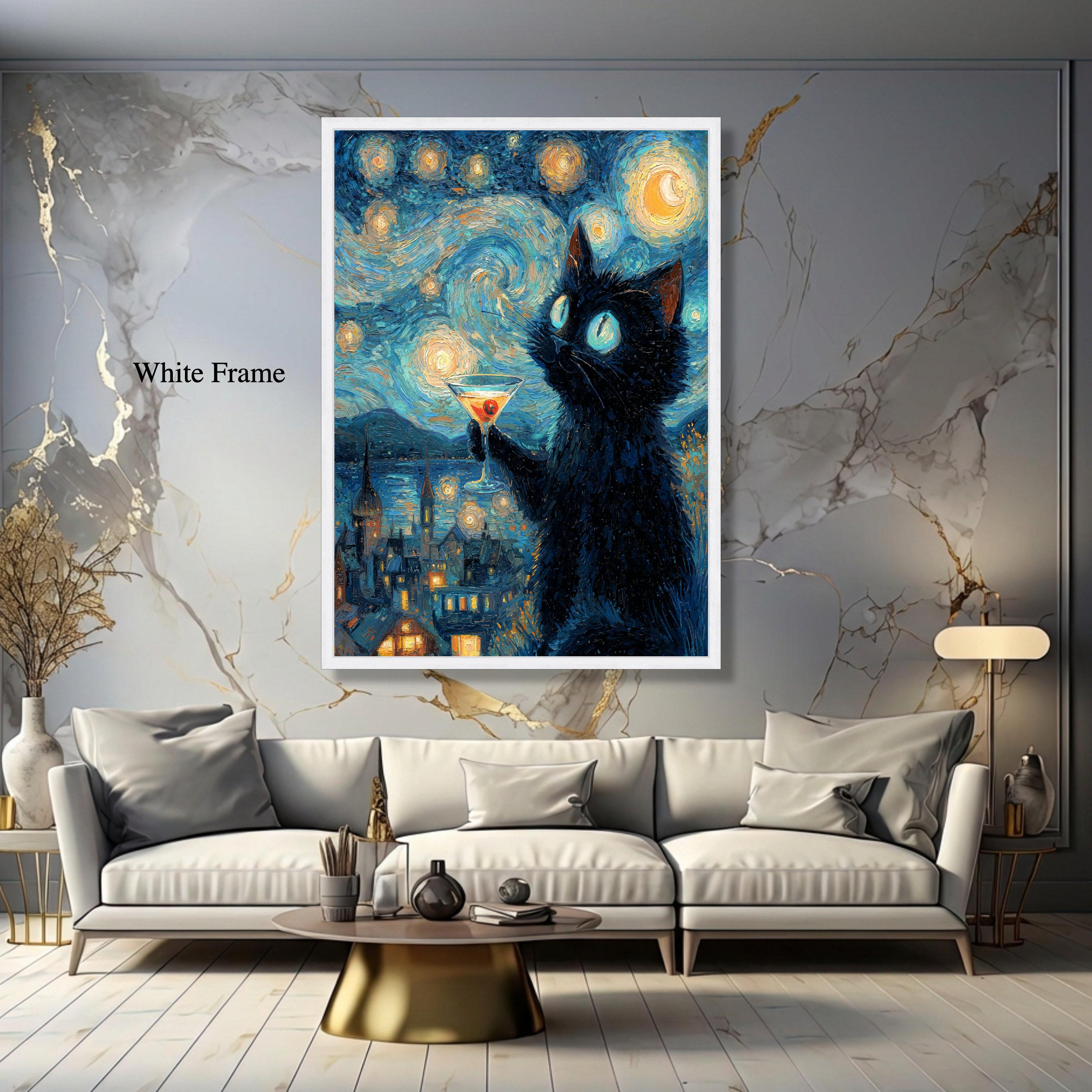 Starry Night Sky With Black Cat Canvas, Van Gogh Style Wall Art ...