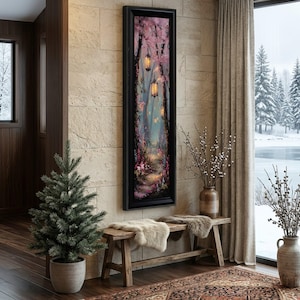 Enchanted Forest Path with Lanterns Canvas, Mystical Garden Wall Art, Floral Trees and Glowing Lights Canvas, Woodland Evening Scene