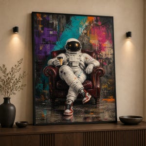 May include: A framed wall art print featuring an astronaut in a white space suit sitting in a dark red leather armchair. The astronaut holds a coffee cup and wears red and white sneakers. The background is a vibrant abstract mix of purple, blue, and pink.