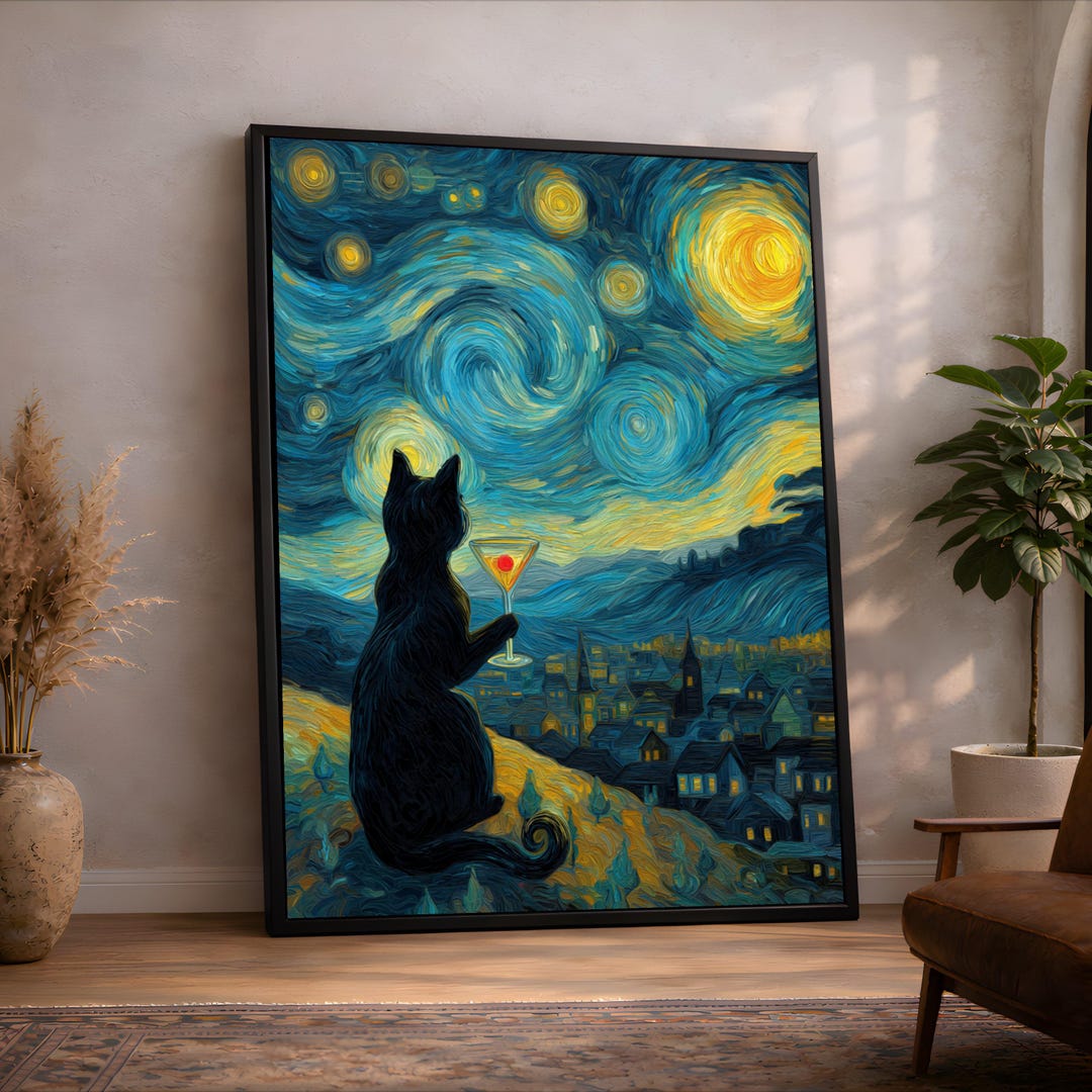 Starry Night Cat Canvas, Van Gogh Wall Art, Black Cat With Cocktail ...