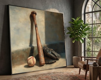 Lienzo con equipamiento de béisbol vintage, arte de pared rústico con bate y guante, decoración deportiva, lienzo de béisbol retro, decoración para sala de atletismo