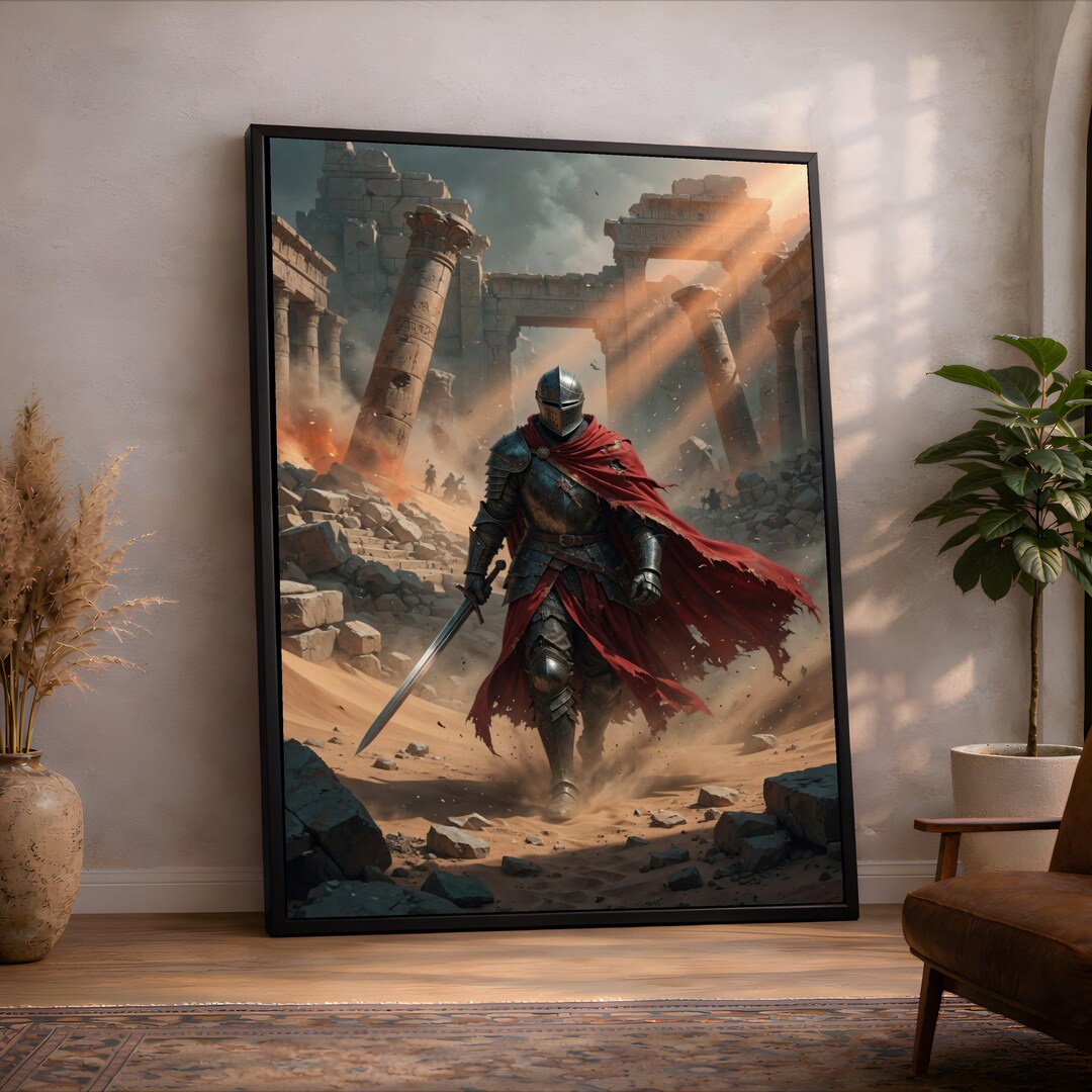 Medieval Knight Warrior Canvas, Ancient Ruins Wall Art, Fantasy Armor ...