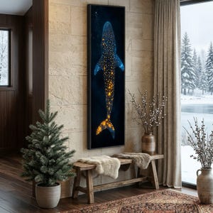 Verlichte walvishaai canvas muurkunst, decor onderwater zeeleven, oceaangloed ontwerp, nautische muur hangen, diepzee canvasafdruk afbeelding 1