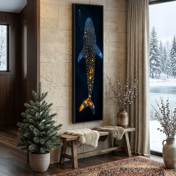 Illuminated Whale Shark Canvas Wall Art, Underwater Marine Life Decor, Ocean Glow Design, Nautical Wall Hanging, Deep Sea Canvas Print