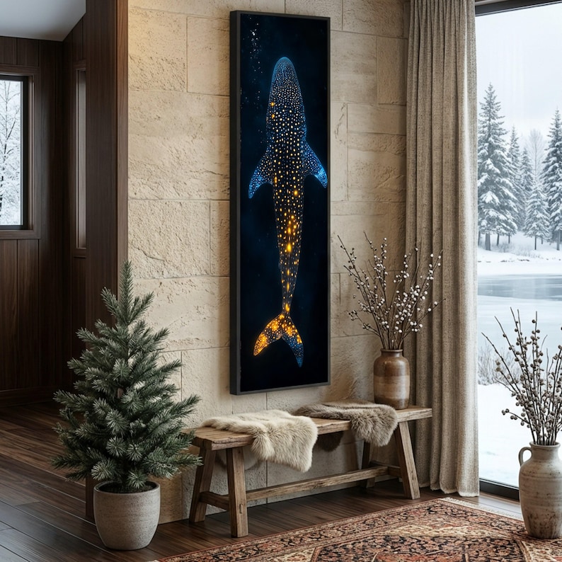 Verlichte walvishaai canvas muurkunst, decor onderwater zeeleven, oceaangloed ontwerp, nautische muur hangen, diepzee canvasafdruk afbeelding 1
