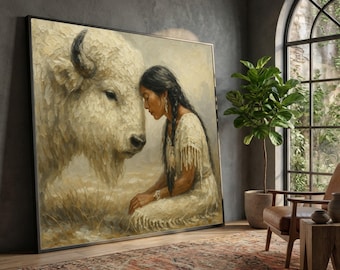 Inheemse vrouw en witte bizon canvas muurkunst, tribale geest dierlijke schilderij, inheemse cultuur canvas decor, rustieke natuur kunst, klaar om
