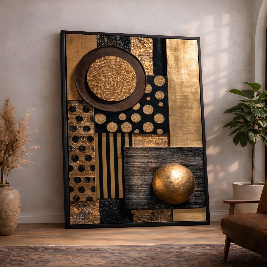 Modern Geometric Gold and Black Canvas Wall Art, Abstract Decoration ...