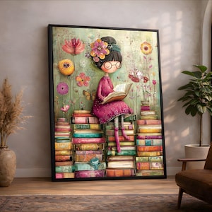 May include: A framed art print featuring a whimsical illustration of a girl reading a book while sitting on a stack of books. The artwork has a green background with colorful flowers and butterflies. The girl wears a pink dress and glasses.