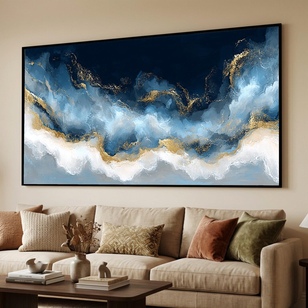Abstract Blue and Gold Waves Canvas, Ocean Wall Art, Modern Fluid Art ...