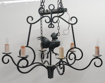 Wrought Iron Rooster Chandelier Spanish Revival French Country Six Light Fixture