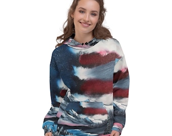 Hoodie with Vibrant Mountain Landscape Print, Unisex