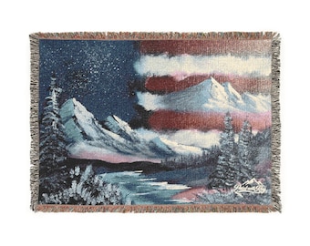 American Flag Mountain Landscape Woven Blanket | Scenic Tapestry Throw